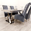 Luxury-shimmer-grey-velvet-dining-chairs-chrome-legs-lion-knocker-quilted-back