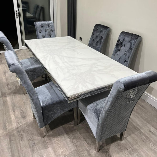 Luxury-shimmer-grey-velvet-dining-chairs-chrome-legs-lion-knocker-quilted-back