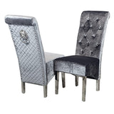 Luxury-shimmer-grey-velvet-dining-chairs-chrome-legs-lion-knocker-quilted-back