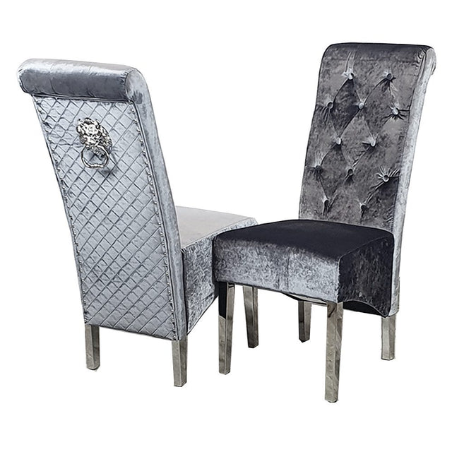 Luxury-shimmer-grey-velvet-dining-chairs-chrome-legs-lion-knocker-quilted-back