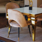 Luxury-square-white-glass-gold-dining-table-100cm-and-modern-open-back-velvet-dining-chairs-dining-table-set-for-4