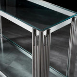 Luxury-tempered-glass-hallway-console-table-with-chrome-stainless-steel-base-and-double-glass-shelve