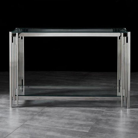 Luxury-tempered-glass-hallway-console-table-with-chrome-stainless-steel-base-and-double-glass-shelve