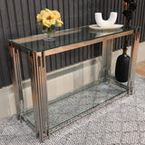 Luxury-tempered-glass-hallway-console-table-with-chrome-stainless-steel-base-and-double-glass-shelve