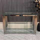 Luxury-tempered-glass-hallway-console-table-with-chrome-stainless-steel-base-and-double-glass-shelve