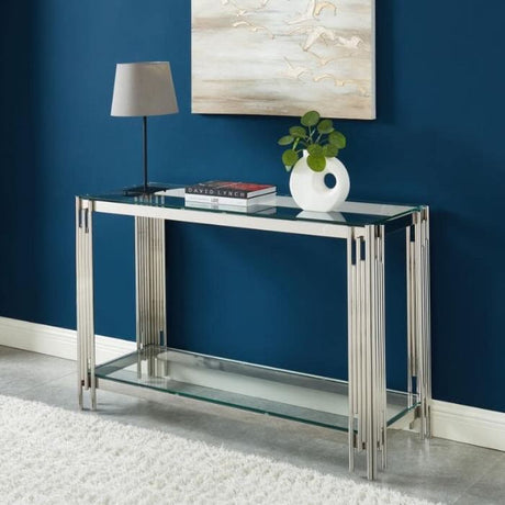 Luxury-tempered-glass-hallway-console-table-with-chrome-stainless-steel-base-and-double-glass-shelve