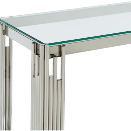 Luxury-tempered-glass-hallway-console-table-with-chrome-stainless-steel-base-and-double-glass-shelve