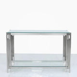 Luxury-tempered-glass-hallway-console-table-with-chrome-stainless-steel-base-and-double-glass-shelve