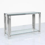 Luxury-tempered-glass-hallway-console-table-with-chrome-stainless-steel-base-and-double-glass-shelve