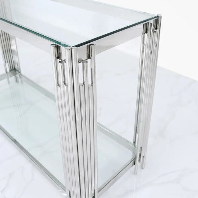 Luxury-tempered-glass-hallway-console-table-with-chrome-stainless-steel-base-and-double-glass-shelve