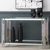 Luxury-tempered-glass-hallway-console-table-with-chrome-stainless-steel-base-and-double-glass-shelve