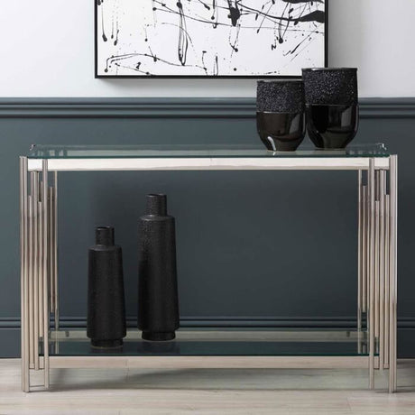 Luxury-tempered-glass-hallway-console-table-with-chrome-stainless-steel-base-and-double-glass-shelve