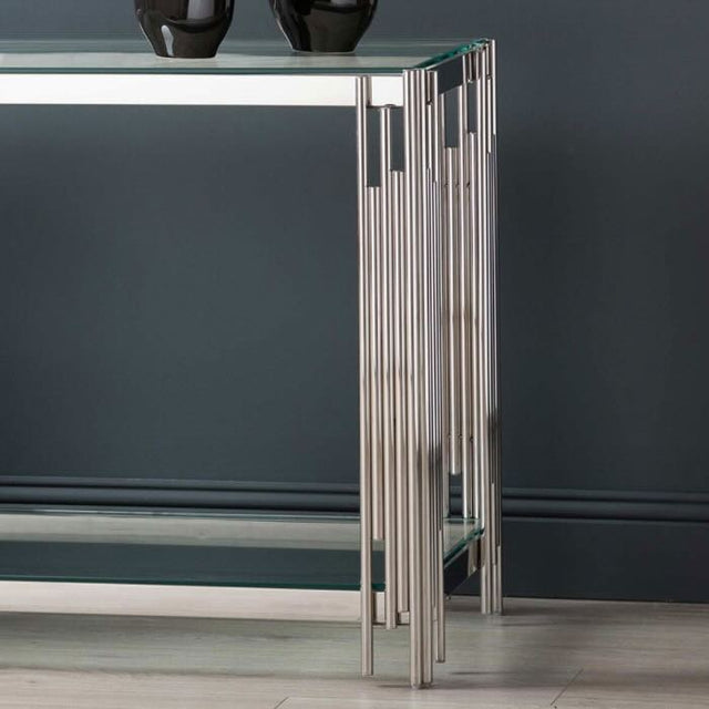 Luxury-tempered-glass-hallway-console-table-with-chrome-stainless-steel-base-and-double-glass-shelve