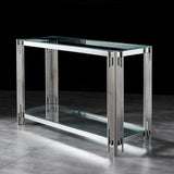 Luxury-tempered-glass-hallway-console-table-with-chrome-stainless-steel-base-and-double-glass-shelve