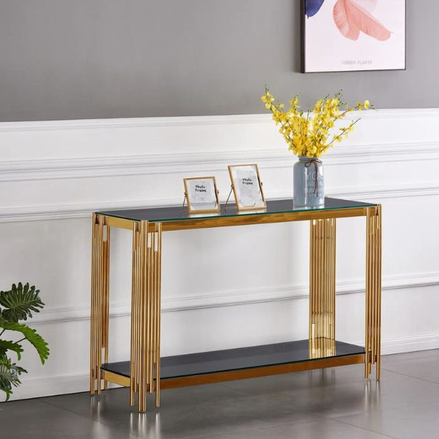 Luxury-tempered-glass-hallway-console-table-with-gold-stainless-steel-base-and-bottom-glass-shelve