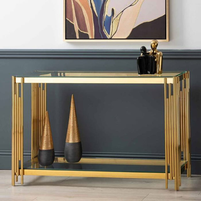    Luxury-tempered-glass-hallway-console-table-with-gold-stainless-steel-base-and-bottom-glass-shelve