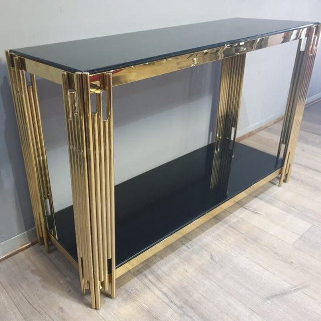    Luxury-tempered-glass-hallway-console-table-with-gold-stainless-steel-base-and-bottom-glass-shelve