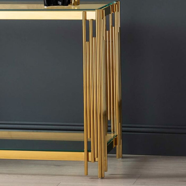    Luxury-tempered-glass-hallway-console-table-with-gold-stainless-steel-base-and-bottom-glass-shelve