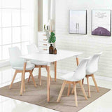 Minimalist Rectangular White High Gloss Tabletop Beech Wood Legs With Plastic & Faux Leather Dining Chairs Kitchen Table Set 120cm