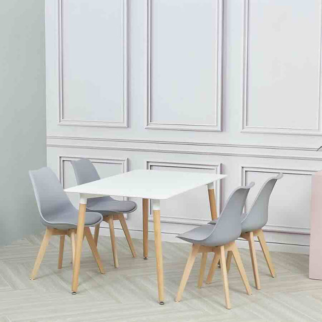 Minimalist Rectangular White High Gloss Tabletop Beech Wood Legs With Plastic & Faux Leather Dining Chairs Kitchen Table Set 120cm