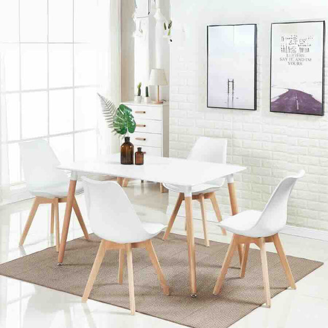 Minimalist Rectangular White High Gloss Tabletop Beech Wood Legs With Plastic & Faux Leather Dining Chairs Kitchen Table Set 120cm