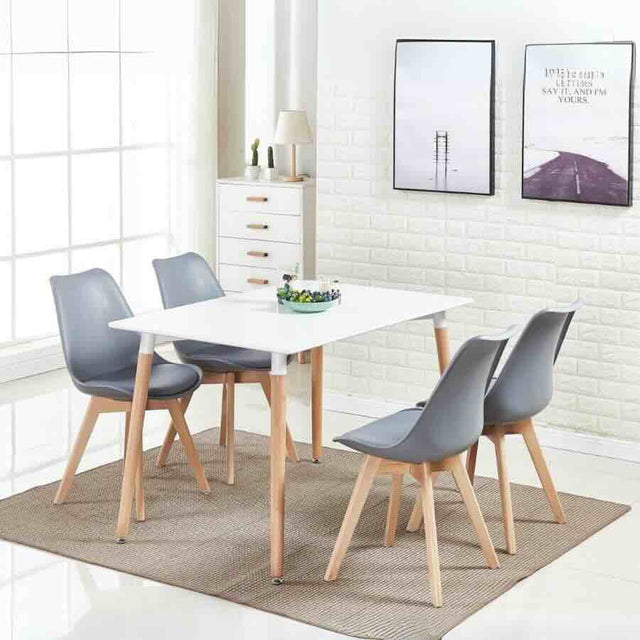 Minimalist Rectangular White High Gloss Tabletop Beech Wood Legs With Plastic & Faux Leather Dining Chairs Kitchen Table Set 120cm