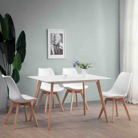 Minimalist Rectangular White High Gloss Tabletop Beech Wood Legs With Plastic & Faux Leather Dining Chairs Kitchen Table Set 120cm