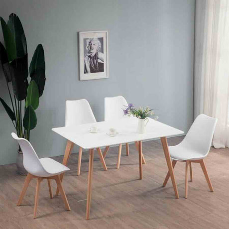 Minimalist Rectangular White High Gloss Tabletop Beech Wood Legs With Plastic & Faux Leather Dining Chairs Kitchen Table Set 120cm