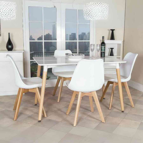 Minimalist Rectangular White High Gloss Tabletop Beech Wood Legs With Plastic & Faux Leather Dining Chairs Kitchen Table Set 120cm