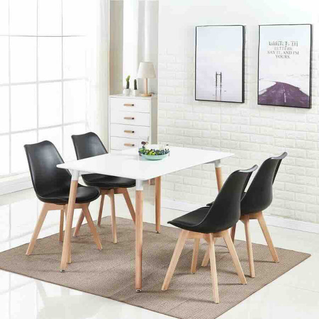 Minimalist Rectangular White High Gloss Tabletop Beech Wood Legs With Plastic & Faux Leather Dining Chairs Kitchen Table Set 120cm