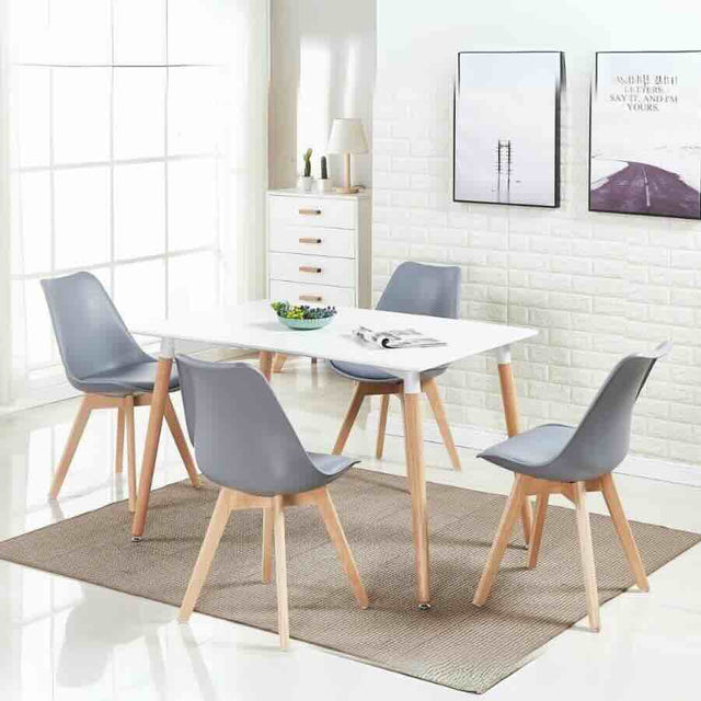 Minimalist Rectangular White High Gloss Tabletop Beech Wood Legs With Plastic & Faux Leather Dining Chairs Kitchen Table Set 120cm