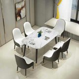 Modern 6 Seater Marble Stone Dining Table Black Metal Legs With Luxury Faux Leather Chairs Kitchen Table Set 130cm