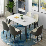 Modern 6 Seater Marble Stone Dining Table Black Metal Legs With Luxury Faux Leather Chairs Kitchen Table Set 130cm