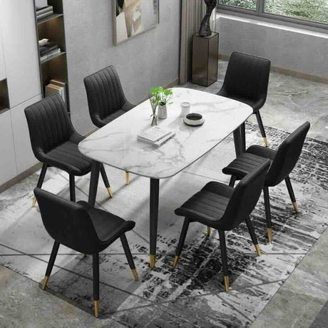 Modern 6 Seater Marble Stone Dining Table Black Metal Legs With Modern Faux Leather Chairs Kitchen Table Set 130cm