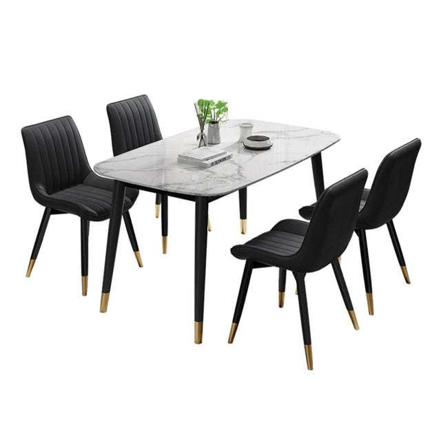 Modern 6 Seater Marble Stone Dining Table Black Metal Legs With Modern Faux Leather Chairs Kitchen Table Set 130cm