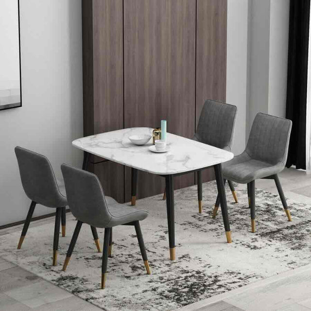 Modern 6 Seater Marble Stone Dining Table Black Metal Legs With Modern Faux Leather Chairs Kitchen Table Set 130cm