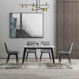 Modern 6 Seater Marble Stone Dining Table Black Metal Legs With Modern Faux Leather Chairs Kitchen Table Set 130cm