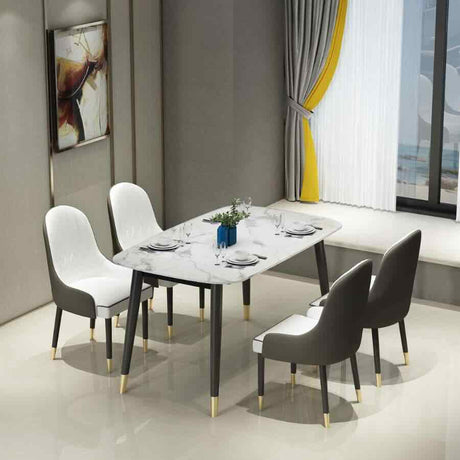 Modern 6 Seater Marble Stone Dining Table Black Metal Legs With Luxury Faux Leather Chairs Kitchen Table Set 130cm