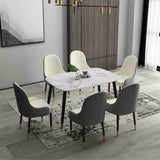 Modern 6 Seater Marble Stone Dining Table Black Metal Legs With Luxury Faux Leather Chairs Kitchen Table Set 130cm