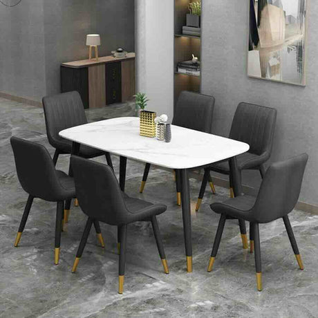 Modern 6 Seater Marble Stone Dining Table Black Metal Legs With Modern Faux Leather Chairs Kitchen Table Set 130cm