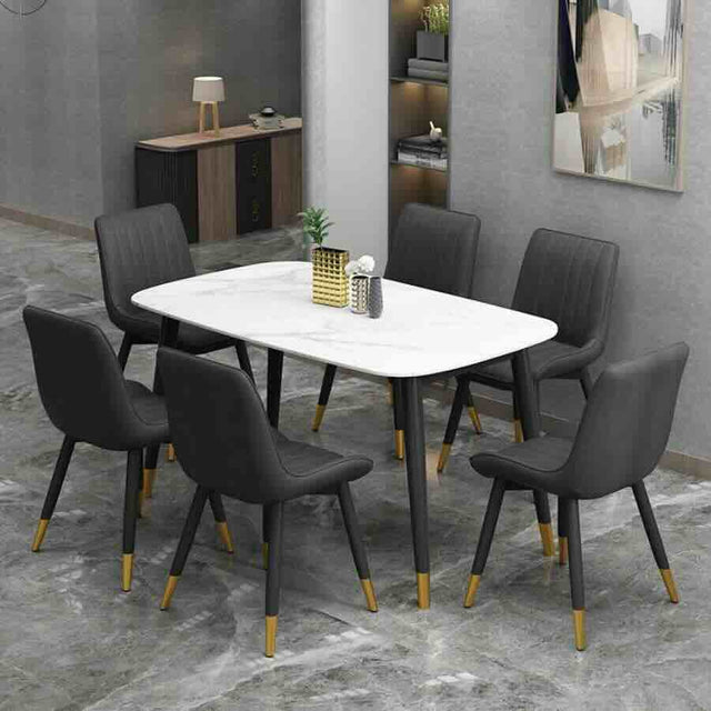 Modern 6 Seater Marble Stone Dining Table Black Metal Legs With Modern Faux Leather Chairs Kitchen Table Set 130cm