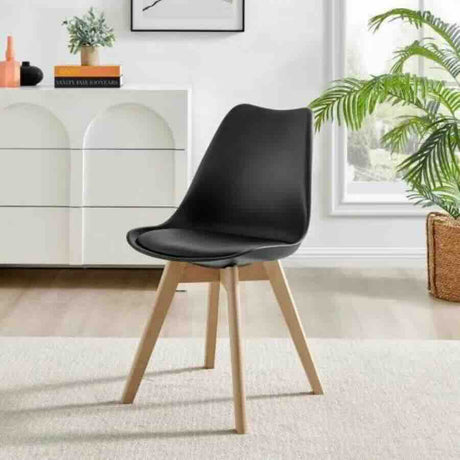 Minimalist-Black-Plastic-Cushioned-Dining-Chair-Wooden-Beech-Legs