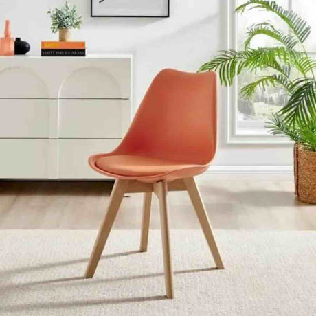 Minimalist-Orange-Plastic-Cushioned-Dining-Chair-Wooden-Beech-Legs