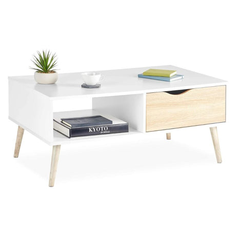 Minimalist-Rectangular-White-High-Gloss-Coffee-Table-With-Wood-Drawer-_-Wood-Legs-100cm