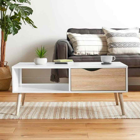 Minimalist-Rectangular-White-High-Gloss-Coffee-Table-With-Wood-Drawer-_-Wood-Legs-100cm