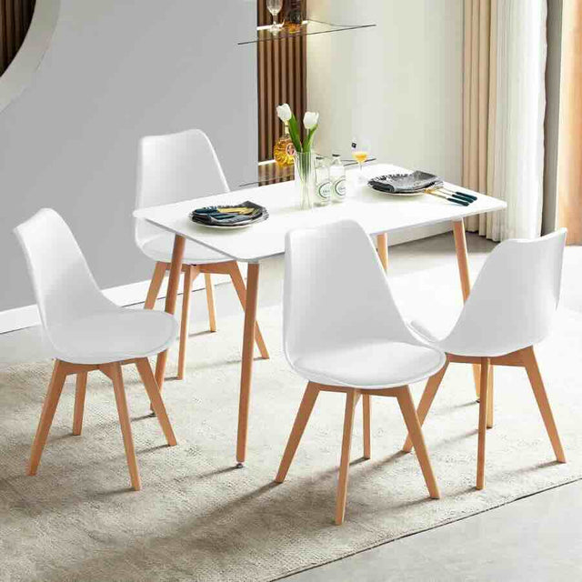 Minimalist Rectangular White High Gloss Tabletop Beech Wood Legs With Plastic & Faux Leather Dining Chairs Kitchen Table Set 120cm