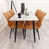 Minimalist-orange-leather-dining-chairs-metal-legs