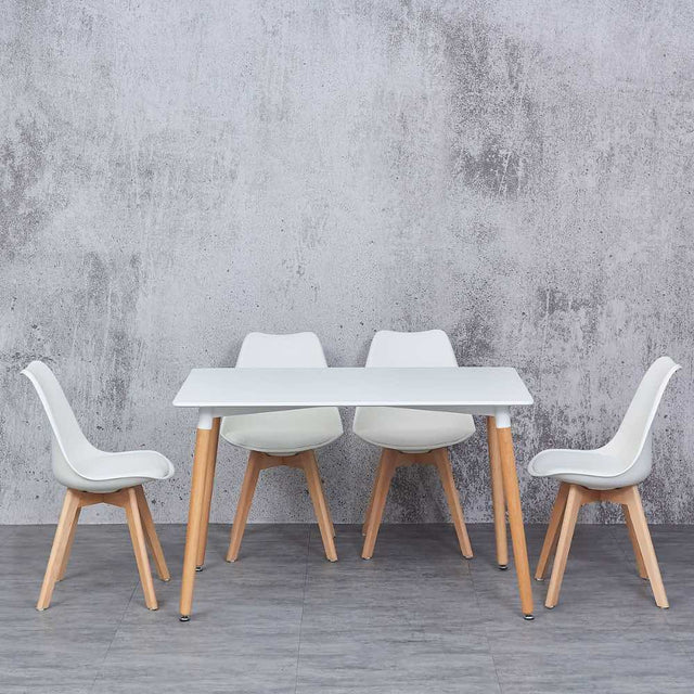 Minimalist Rectangular White High Gloss Tabletop Beech Wood Legs With Plastic & Faux Leather Dining Chairs Kitchen Table Set 120cm