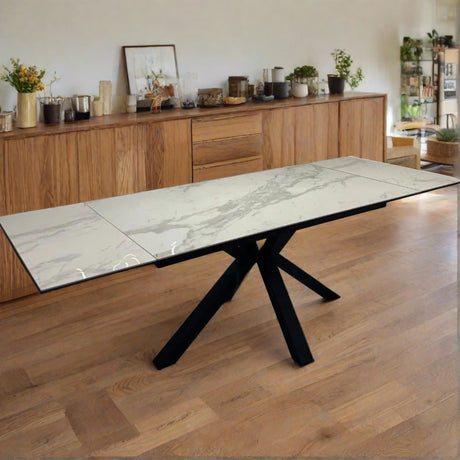 Modern-10-Seater-Extending-Rectangular-white-Marble-Ceramic-Dining-Table-160cm-240cm-Black-Metal-Legs