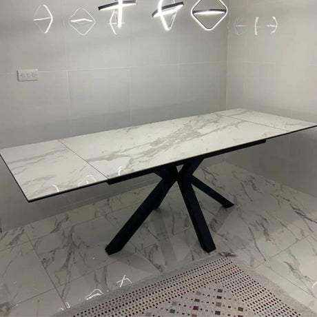 Modern-10-Seater-Extending-Rectangular-white-Marble-Ceramic-Dining-Table-160cm-240cm-Black-Metal-Legs